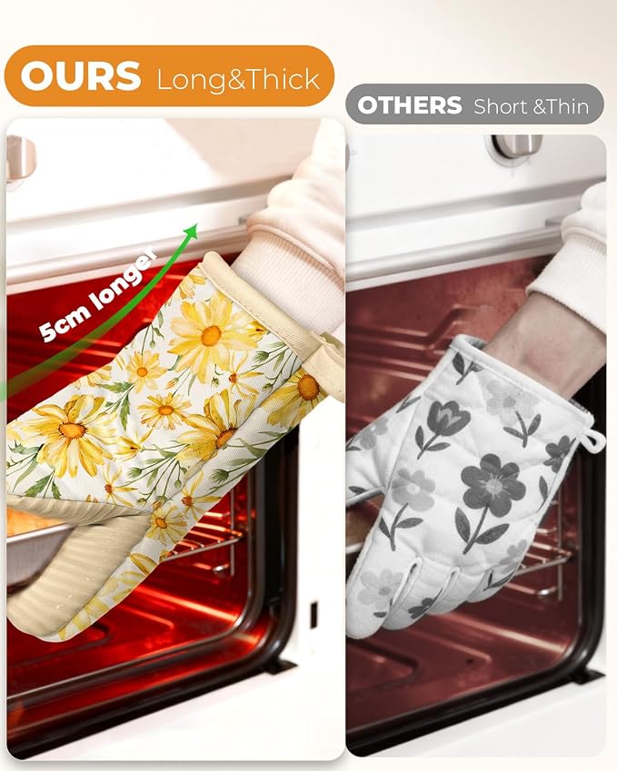100% Thick Cotton Mini Oven Mitts Silicone Grip Watercolor Daisy | Elegant Classic Oven Mitts for Women, Machine Washable, Non-Slip, Reversible Design Fits Both Hands, Stylish Kitchen Decor