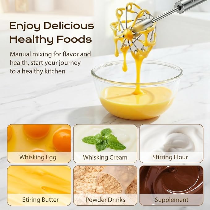 Upgraded Stainless Steel Semi-Automatic Whisk, 10 inch | Easy Push Hand Whisks for Eggs, Cream, Coffee & Light Mixing, Easy Clean Kitchen Whisk for Everyday Cooking, Kitchen Gadgets