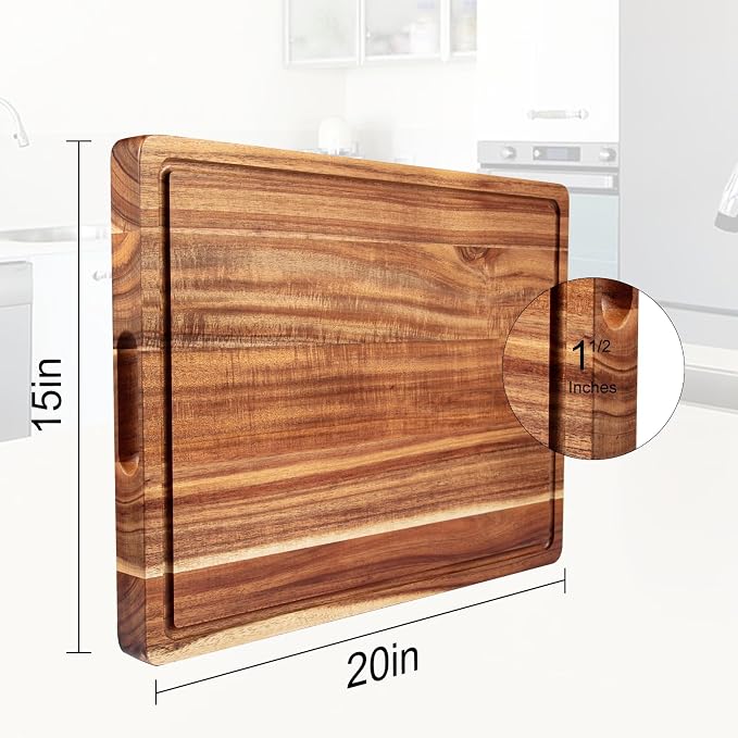 GAOMON 20 x 15 In Extra Large Acacia Wood Cutting Board, 1.5" Thick Kitchen Cutting Boards with Handle & Juice Groove, Butcher Block, Wooden Carving Board for Meat and Chopping Vegetables