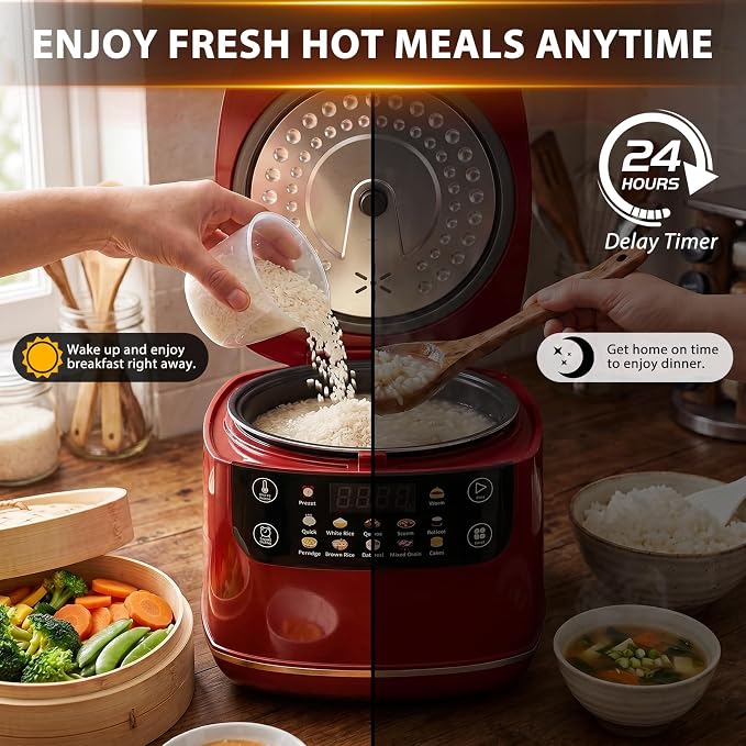 Portable Digital Rice Cooker, 6-Cup (Uncooked)/12-Cup (Cooked) Small Rice Maker with Steaming Basket, Mini Rice Cooker with 2L Removable Nonstick Inner Pot, 10 Menu Options, Auto Keep Warm, 24 Hour Delay Timer (Dark Red)