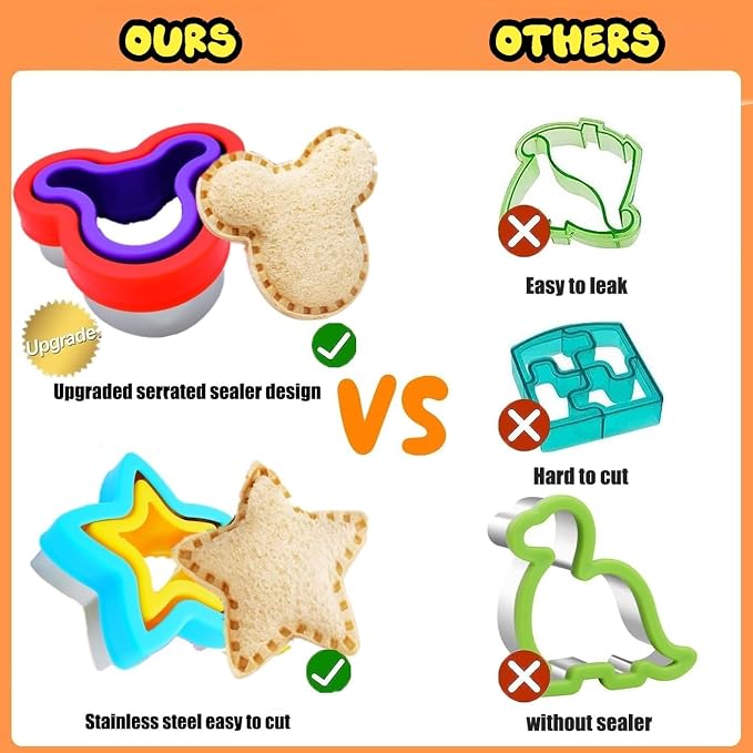 Uncrustable Sandwich Cutter, Crustless Sandwich Cutter and Sealer Set | 12PCS Sandwich Cookie Cutters, Heart Star Dino Mouse Shapes, Lunch & Bento Box Accessories