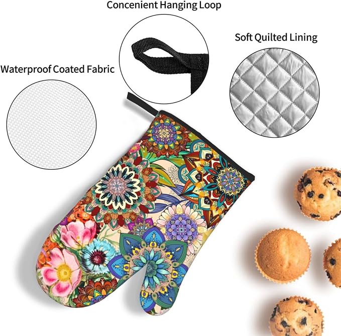 Boho Floral Oven Mitts and Pot Holders Sets of 3, Cute Baker Stuff | Heat Resistant Colorful Kitchen Gloves Hot Pads,Chef Cooking Gifts for Women Bakers,Kitchen Gifts for Baking Lover Cooks Mom
