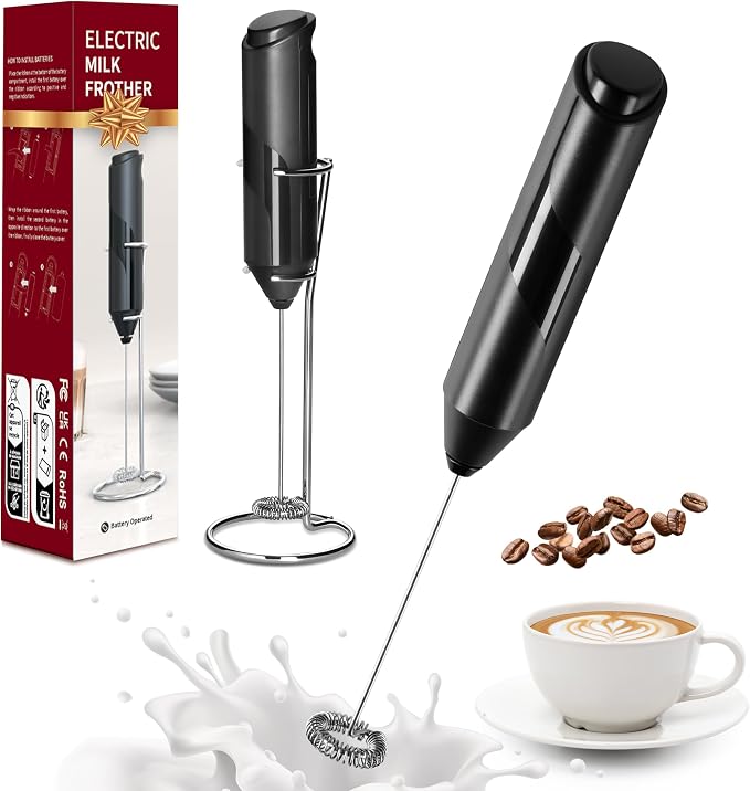 YSSOA Electric Milk Frother Handheld with Stainless Steel Stand Battery Operated Whisk Drink Mixer for Coffee, Latte, Matcha, Hot Chocolate, Mini Hand Blender