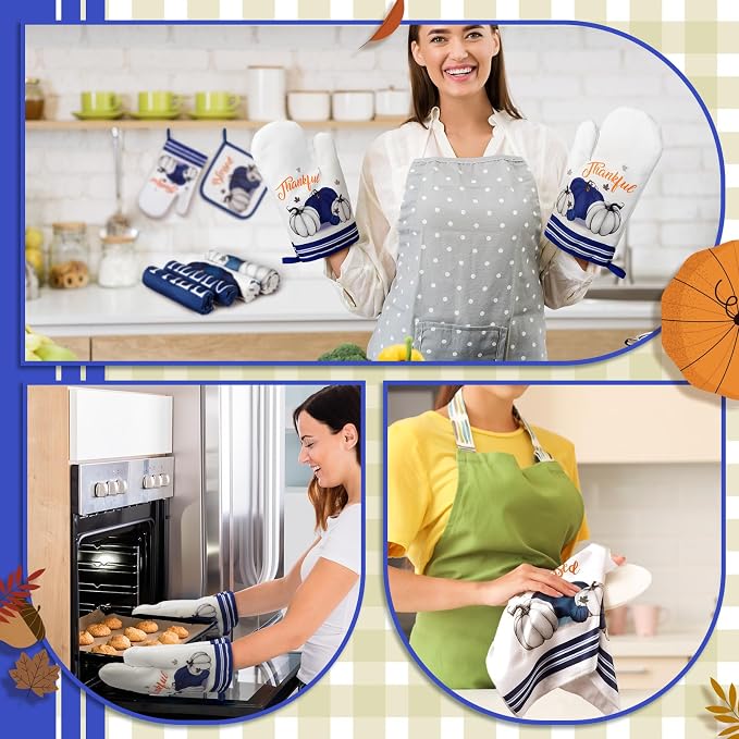 Fanfanwin 10 Pcs Fall Pumpkin Kitchen Decor Set Blue White Pumpkin Kitchen Rugs Towels Pot Holders Oven Mitts for Thanksgiving Autumn Baking Cooking Home Gift