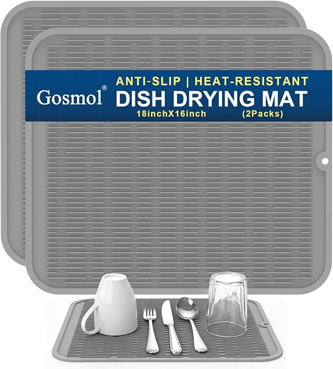 Extra Large Silicone Trivet drying mat for kitchen counter Gray 2 Pack | Grey 18 x 16 in sink heat resistant dish drying mat, silicone hot pads and trivets, rubber dish drainers for kitchen counter