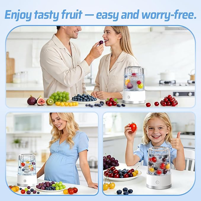 Electric Fruit Washer, Portable Fruit Cleaner Device with OH-Ion Technology | Produce Cleaner with 360° Rotating Silicone Brush & 3-Minute Cycle for Cherries, Grapes, Jujubes, Kumquats & Small Firm Fruit