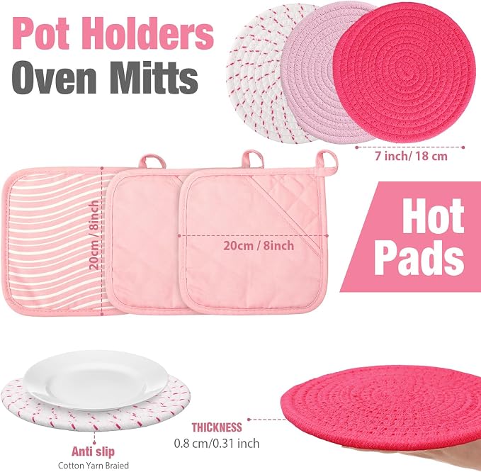 Pink Oven Mitts and Pot Holders 7 Sets, Pink White, Rubber Cotton, Stripes | Heat Resistant Kitchen Gloves, Pads Pot Holders for Women, Chritsmas Gifts Kitchen Accessories Gift