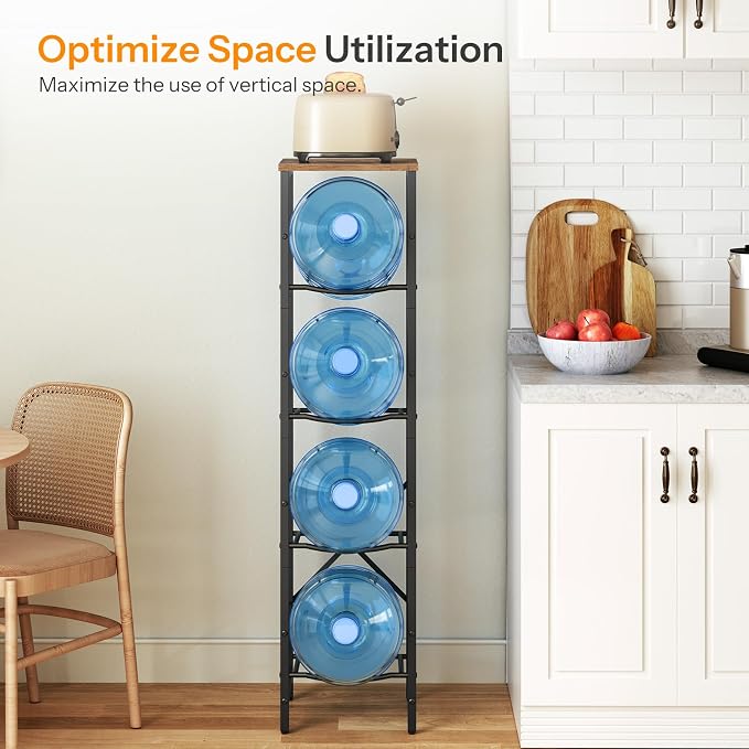 HOOBRO Water Jug Rack, Water Bottle Holder, 5 Gallon Water Jug Rack, 4-Tier Water Cooler Storage Rack, Water Dispenser Stand, for Kitchen, Living Room, Office, Rustic Brown and Black BF02ST01