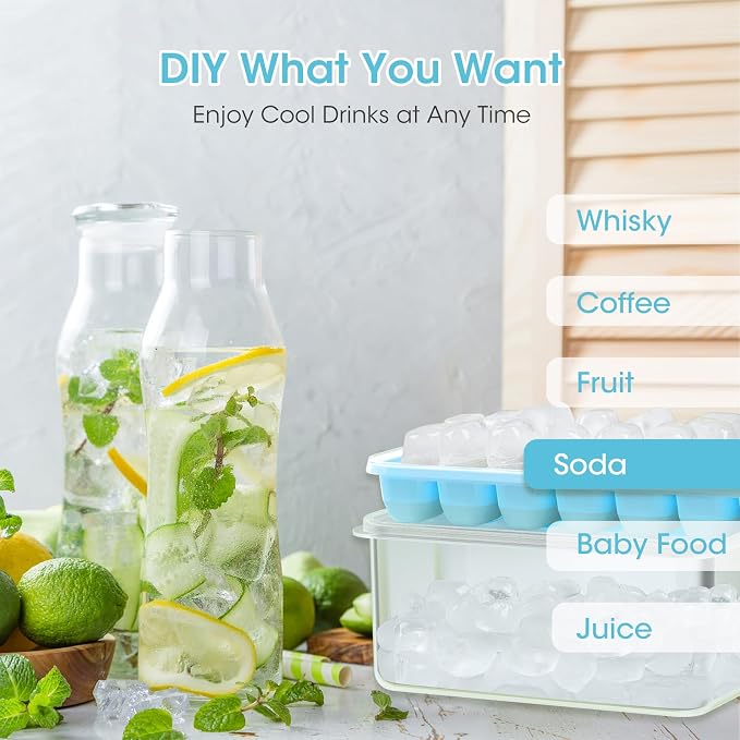 DOQAUS Ice Cube Tray with Lid and Bin,4 Pack Ice Cube Trays for Freezer | Silicone, Stackable. Easy Release Trays with Storage Bin & Scoop. Ideal for Freezer, Kitchen, RV, Cocktail, Coffee.