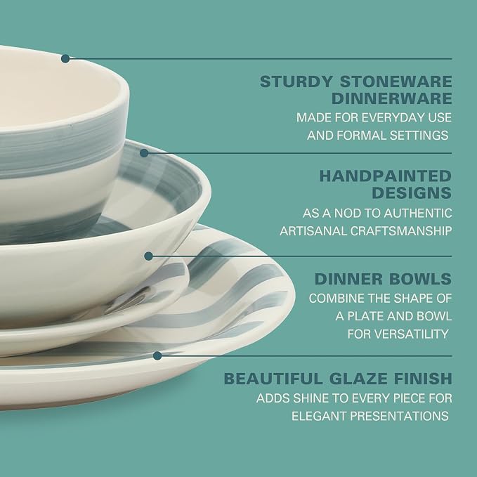 Gibson Home Kenwood Shores 16 Piece Dinnerware Set, Blue Striped, Hand-Painted Stoneware Dishes, Plates and Bowls, Service for 4, Microwave & Dishwasher Safe