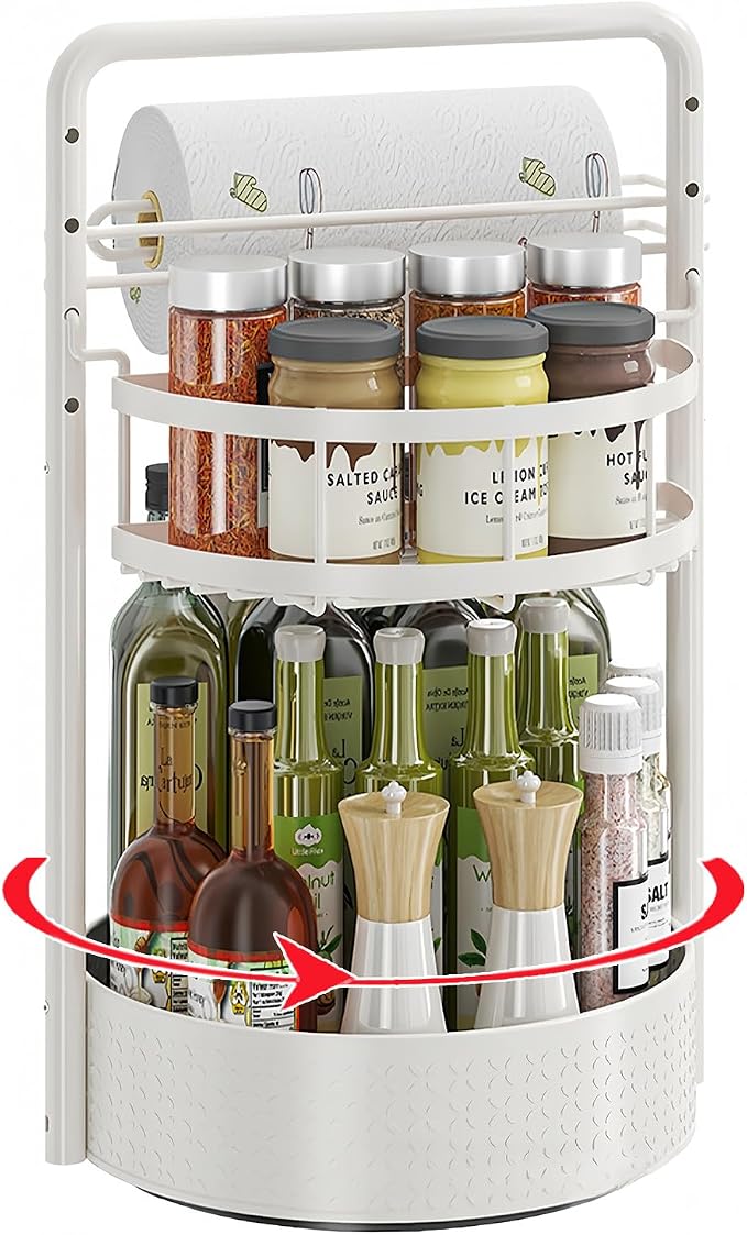 Rotating Spice Rack with Paper Towel Holder, White | 2 Tier Turntable Lazy Susan, Durable Iron, Seasoning Organizer, For Kitchen Countertop