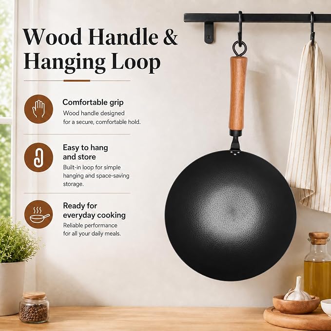 11" Round Bottom Carbon Steel Wok with Glass Lid, Traditional Chinese Stir Fry Pan for Gas Stove & Wok Ring, 3.2 QT Small Wok for 1–3 People, Uncoated, Wood Handle, Seasoning Required