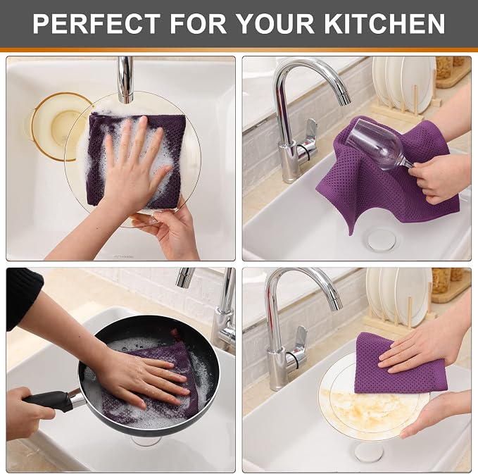 Kitinjoy 100% Cotton Kitchen Dish Cloths, 6 Pack Waffle Weave Ultra Soft Absorbent Dish Towels for Drying Dishes Quick Drying Kitchen Towels Dish Rags, 12 X 12 Inches, Violet | Ultra Absorbent, Super Soft, lightweight, Quick Drying Dish Rags for Washin...