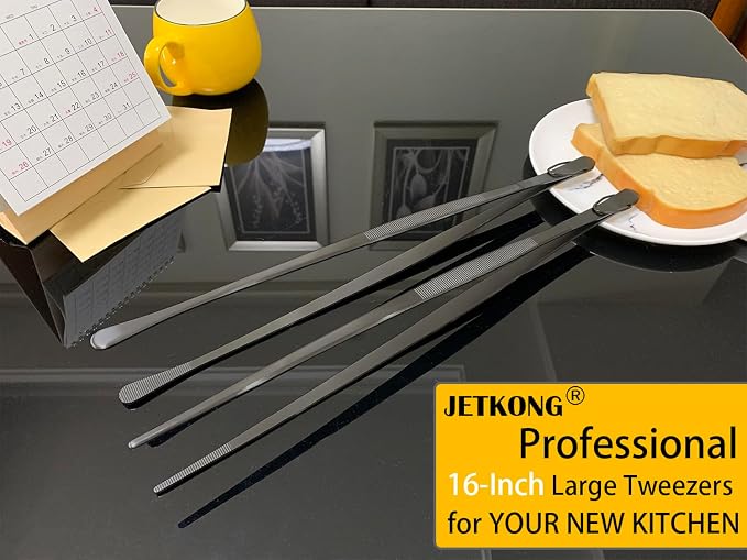JETKONG 2 Pcs 16-Inch Heavy Duty Plating Tongs, Extra-Long Kitchen Fine Tongs Large Stainless Steel Cooking Forceps (Black)