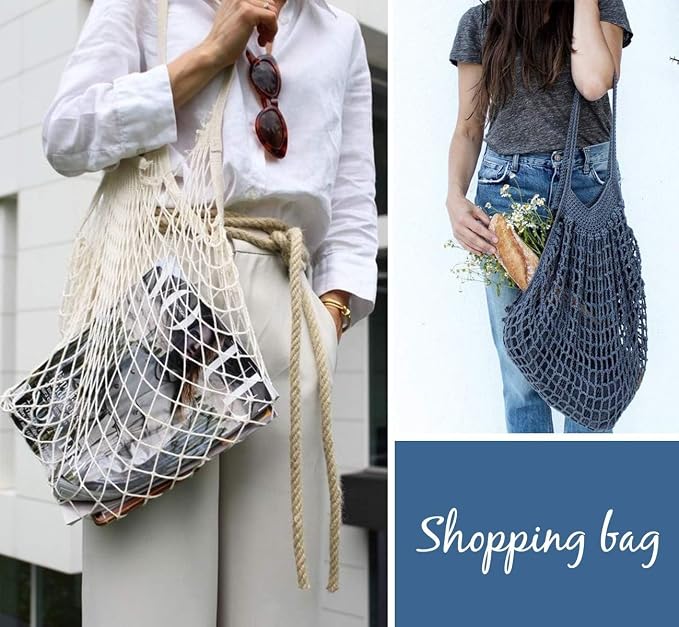 Lemonfilter 5 Pack Cotton Mesh Grocery Bags with Long Handle (4 Color) | Reusable Washable Mesh Produce Bags, Foldable Long Handle Eco Net Tote for Fruit, Vegetables and Farmers Market Shopping