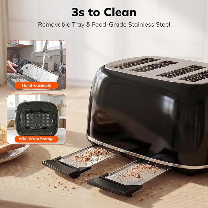 Keenstone Toaster 4 Slice, Retro Stainless Steel Wide Slot Toaster with Dual Independent Controls, 6 Browning Levels, Bagel, Defrost, Reheat & Cancel, Removable Crumb Tray, Black