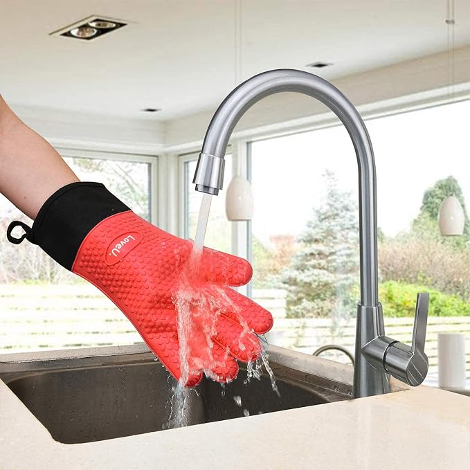 Silicone Oven Mitts Gloves - Heat Resistant, Non-Slip for BBQ, Grilling | 450°F Double-Layer｜Waterproof Kitchen Cooking Barbecue Mittens ｜5 Finger Hot Mitt for Baking, Smoker& Cast Iron(One Size)