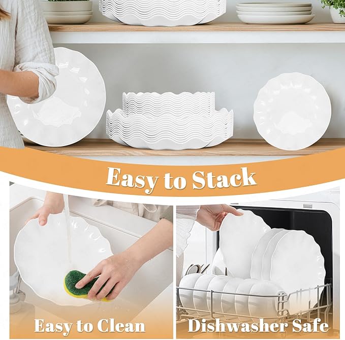 LIYH 50 Pcs White Scalloped Plastic Plates Reusable - Unbreakable Plastic Plates for Weddings Party Outdoor Picnics Dishwasher Safe BPA Free(25Guests)