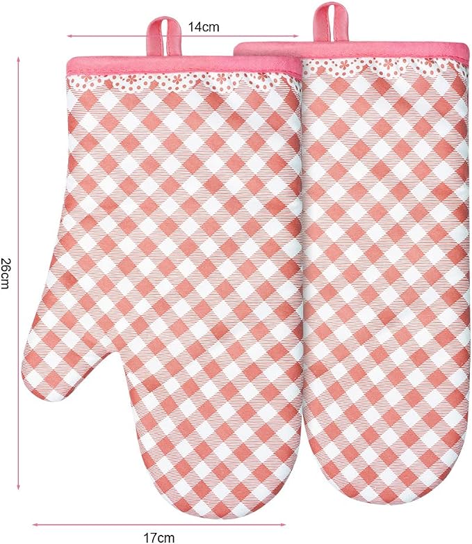 AUAUY Pink Oven Mitts, 1 Pair Kitchen Mittens, 392°F Heat Resistant | Oven Gloves Non-Slip Kitchen Gloves for Oven, BBQ Gloves Oven Mitts Infill Cotton Cooking Gloves for Oven Grilling Baking