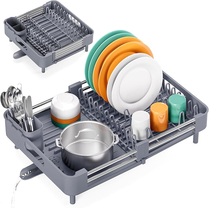 TOOLF Expandable Dish Drying Rack with Cutlery Holder, Standard, Grey | Over or In Sink Stainless Steel Dish Drainers for Compact Kitchen, Space Saving, Fast Drain, Rustproof, For 1-3 people