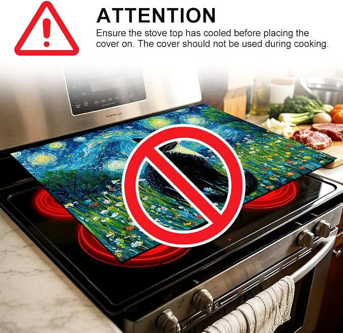 Black Cat Night Sky Stove Top Cover 28.35x20.47 in Non Slip | Heat Resistant Cooktop Protector Mat with Non-Slip Backing, Scratch Protection and Countertop Drying Mat.