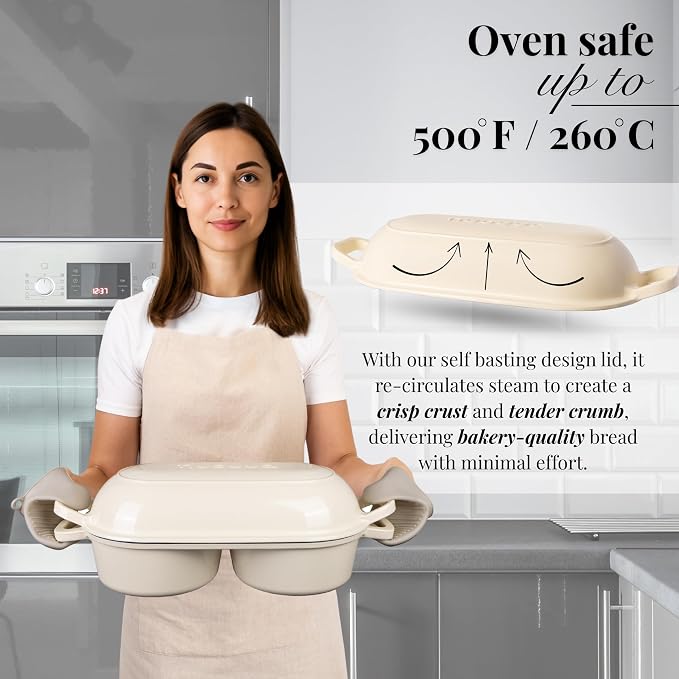 Dutch Oven For Sourdough Bread Baking – Enamelled Cast Iron Bread Loaf Pot – 500°F Oven Safe Non Stick Bread Pot – Double Round Loaf Space, 16.5cm Diameter, Cream, – by Nuovva