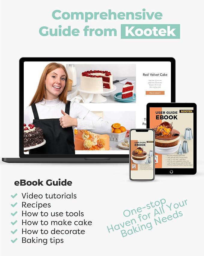 Kootek 71 Cake Decorating Kit Baking Supplies Tools for Beginners & Pros | Cake Stand Turntable, Icing Piping Tips, Disposable Reusable Pastry Bag, Spatulas, Video Tutorial, Pattern Chart