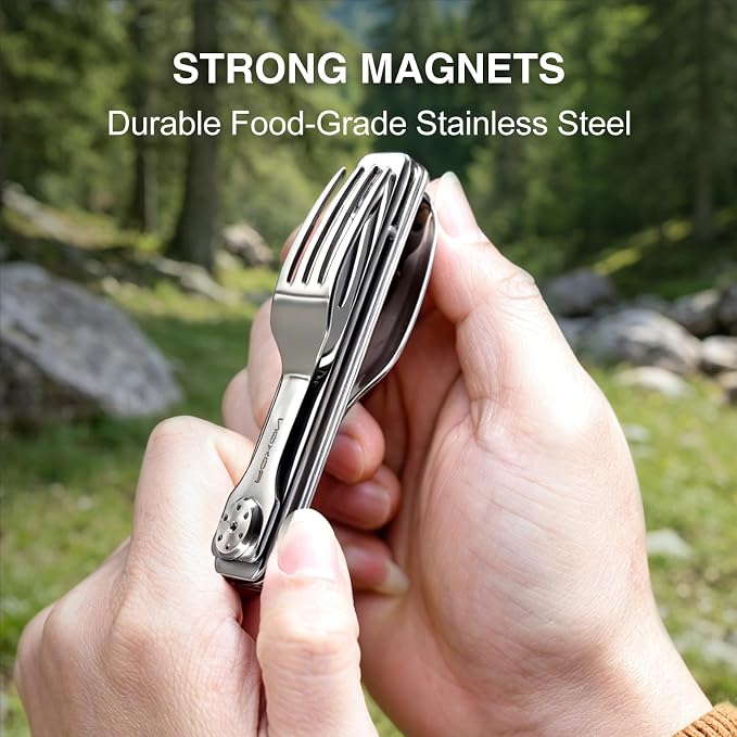 ROXON 3-in-1 Knife Spoons Fork Camping Utensils Set with Case | Magnetic Folding, Stainless Steel Cutlery, EDC Portable Lightweight Silverware,For Hiking Backpacking Travel Lunchbox Outdoor