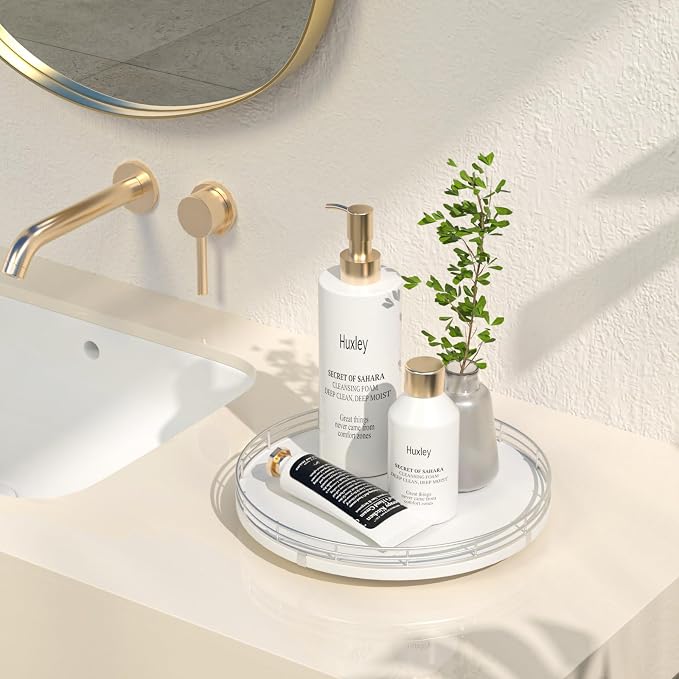 Oroyutor 10-Inch Oak Lazy Susan Vanity Tray with Silver Metal Rail | Rotating oak tray organizes spices, toiletries and decor on kitchen counters, bathroom vanities, dining and coffee tables.