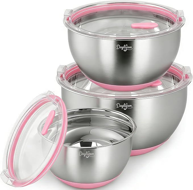 Mixing Bowls with Clear Airtight Lids, 3-Piece Stainless Steel Set, Pink | Silicone Vent Plug, Secure Seal Design, 1.5/3/5 QT, Dishwasher-Safe Lids, Non-Slip Base, Measurement Marks, Nesting Design