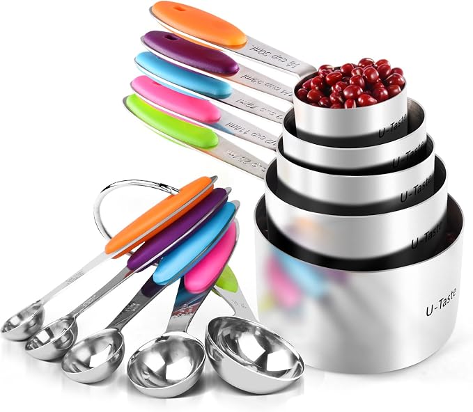 Measuring Cups : U-Taste 18/8 Stainless Steel Measuring Cups and Spoons Set of 10 Piece, Upgraded Thickness Handle (Multicolors) | Upgraded Thickened Handle, Reinforced Welded Joints, Nested Stackable Design, Metal Measure Set for Kitchen Baking Cooking