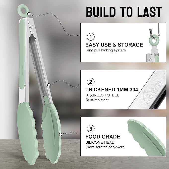 Hotec Silicone Serving Tongs for Cooking 9-Inch Kitchen Tongs with Silicone Tips, Set of 3 (Light Green)