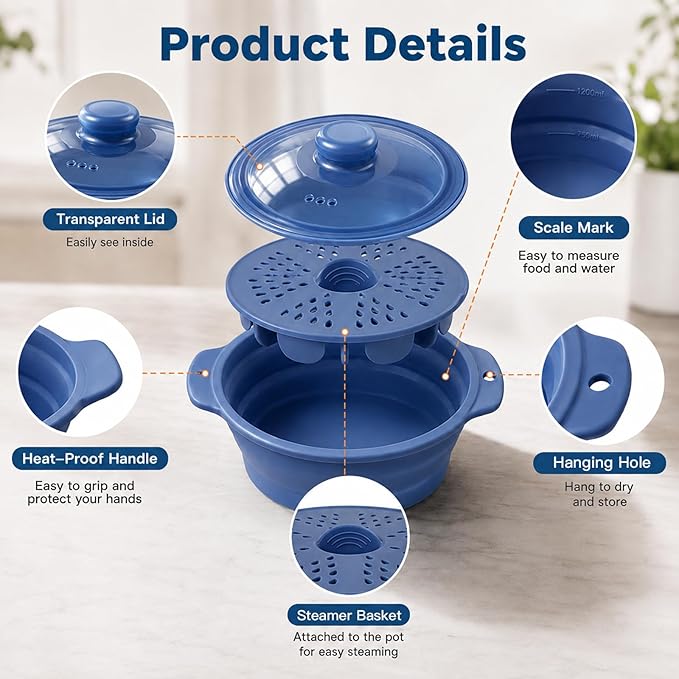42oz Silicone Microwave Food Steamer with Steam Basket, Collapsible Steamer for Cooking Vegetable, Seafood, Dumplings, Rice Cooker, BPA Free Steam Pot with Handle & Lid, Dishwasher Safe (Dark Blue)