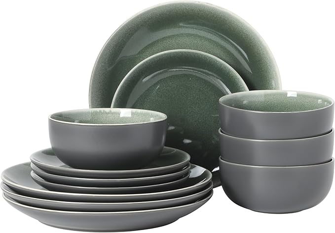 Gibson Elite Pine Coast Plates and Bowls Sets, 12-Piece Stoneware Dinnerware Sets, Reactive Glaze Dish Set - Green