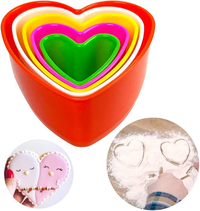 Cookie Biscuit Cutter Set, Two Side Cookie Cutters Plastic Set Multi-size Cake Fruit Vegetable Shapes Cutter Random color (Heart Shaped, 5 Pack)