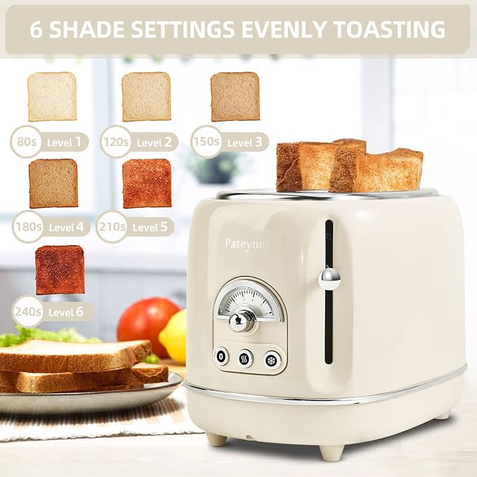 Retro Stainless Steel Toaster - 2 Slice, Extra-Wide Slot, 6 Adjustable Settings, Removable Crumb Tray, Defrost, Cancel, Reheat (Cream)