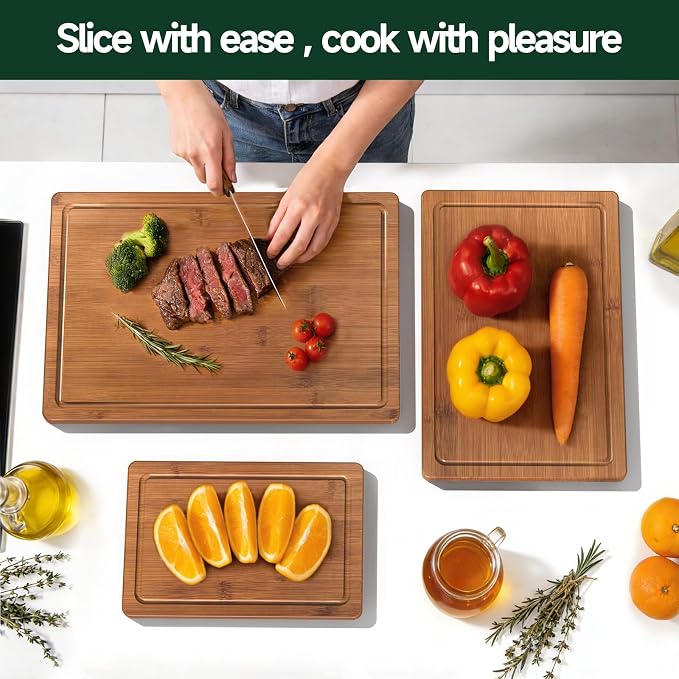 3-Piece Set Deep-Carbonized Bamboo Cutting Board for Kitchen, Carbonized | Crack-Resistant Wood Chopping Boards with Deep Juice Grooves, Pre-Oiled Butcher Block for Meat, Vegetables & Cheese