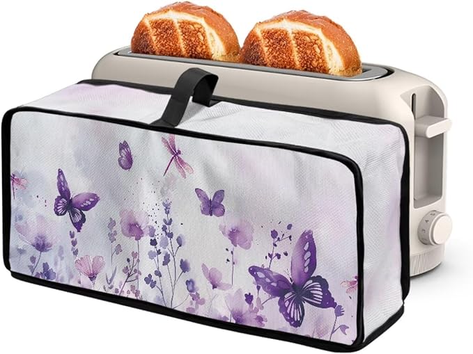 ZDCUSTOM Long Slot Toaster Cover Compatible with 2 Slice Toaster Dust Protection Stain Resistant Slim Bread Maker Cover Purple Floral Butterfly Print