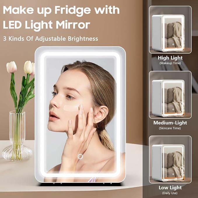Kikihouse 16L/20L Skincare Fridge with LED Mirror, Small Fridge for Makeup | Portable Skin Care Fridge for Beauty, Cosmetics, Personal Mini Refrigerator for Food, Office, Dorm, Car, Cooler & Warmer