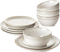 LE TAUCI Plates and Bowls Sets for 4, 12 Piece Ceramic Dinnerware Sets, Kitchen Stoneware Dish Set, Chip Resistant, Microwave & Dishwasher Safe, Beige Wheat (8"&10" Plate, 27oz Bowl)