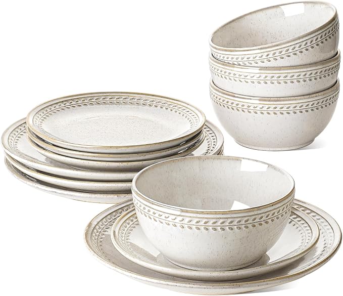 LE TAUCI Plates and Bowls Sets for 4, 12 Piece Ceramic Dinnerware Sets, Kitchen Stoneware Dish Set, Chip Resistant, Microwave & Dishwasher Safe, Beige Wheat (8"&10" Plate, 27oz Bowl)