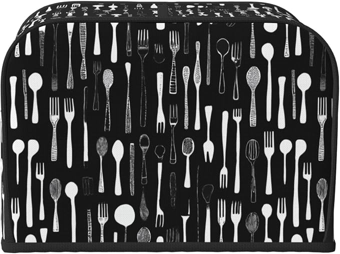 4 Slice Toaster Cover Fork Spoon Pattern Black Dust Proof Washable Kitchen Appliance Cover with Pocket, Oxford Fabric Countertop Toaster Protector for Standard Toasters Small Appliances