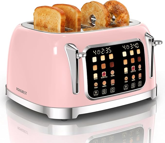 RONGBEST Retro Toaster 4 Slice with Stainless Steel Wide Slot Touchscreen for Family Breakfast, Reheat & Defrost, 6 Browning Levels for Bagel & Bread, Removable Crumb Tray, Blush Pink