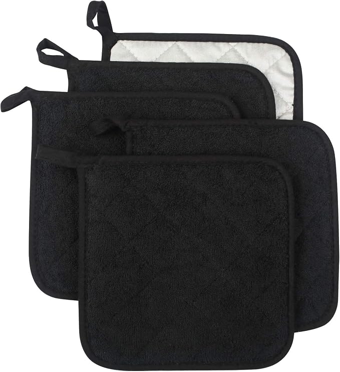 Pot Holders for Kitchen, 100% Cotton Terry Pot Holder Set of 5, Heat Resistant Hot Pads for Cooking, Baking, Hot Dishes and Countertop Protection,Black