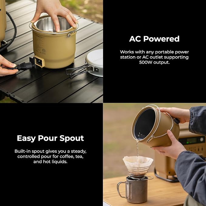 Electric Outdoor Cooker, Portable Hot Pot & Steamer, Rice Cooking Mode, Non-Stick 500W Camping Stove, 3 Heat Settings, 800ml Capacity, Auto Keep Warm, Plug-in for Power Stations (Black)