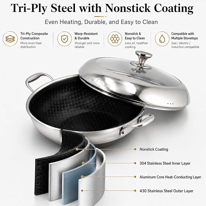 DELARLO 14 Inch Tri-Ply Stainless Steel Nonstick Wok Pan with Lid 6Qt Pot | Deep 6-quart wok heats quickly and evenly, works with induction, and is dishwasher and oven safe for everyday cooking