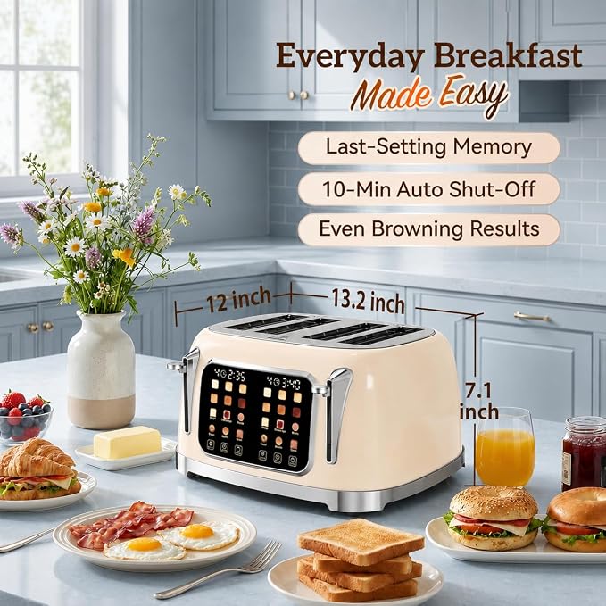 RONGBEST Retro 4 Slice Touch Screen Toaster with Stainless Steel Wide Slot, Reheat & Defrost Bagel for Family Breakfast Bread, 6 Browning Levels, Removable Crumb Tray, Cream Color