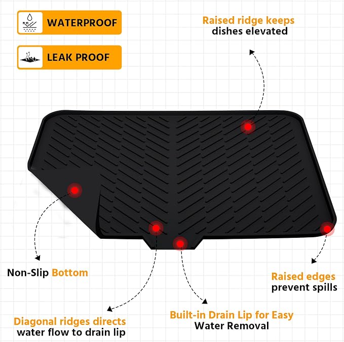 Silicone Dish Drying Mat with Built-in Drain Lip - Hygienic Drying Pad - Sturdy Compact Easy to Clean Tray Protects Surfaces Prevents Water Build Up - 23 X 17 (Black)