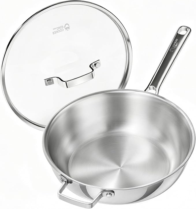 COOKER KING 12" Wok Pan with Lid, Stainless Steel Deep Skillet for Stir-Fry | Non-Toxic Uncoated Cookware, Flat Bottom, Oven Safe, Induction Ready, Stay-Cool Handle, 3-Ply Stainless Steel Clad