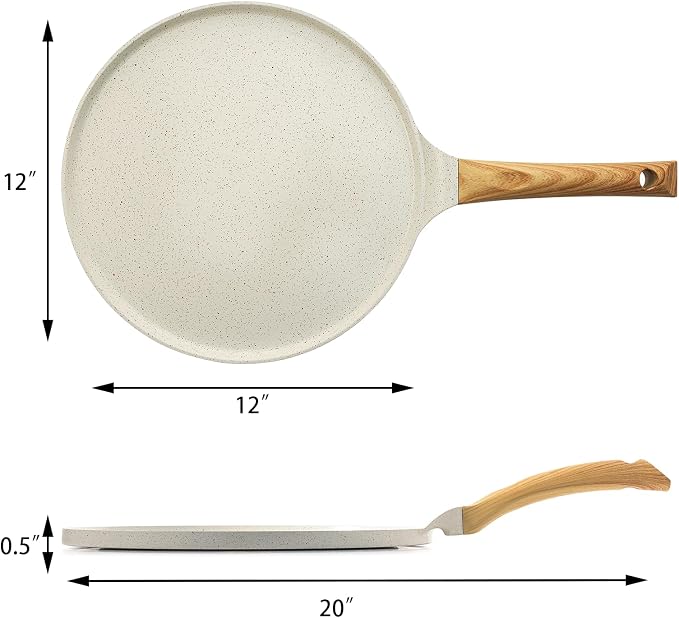 SENSARTE 12 Inch Nonstick Crepe Pan Ceramic Coating Pancake Pan White | Natural Ceramic Coating Dosa Pan Pancake Flat Skillet Tawa Griddle with Stay-Cool Handle, Induction Compatible